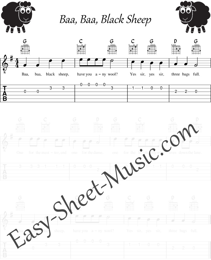 Baa, Baa, Black Sheep - Easy Guitar Sheet Music With Tabs
