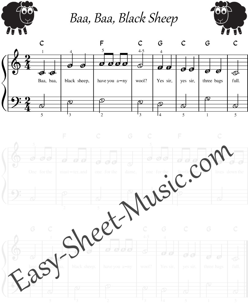 Baa, Baa, Black Sheep - Easy Piano Sheet Music With Letters