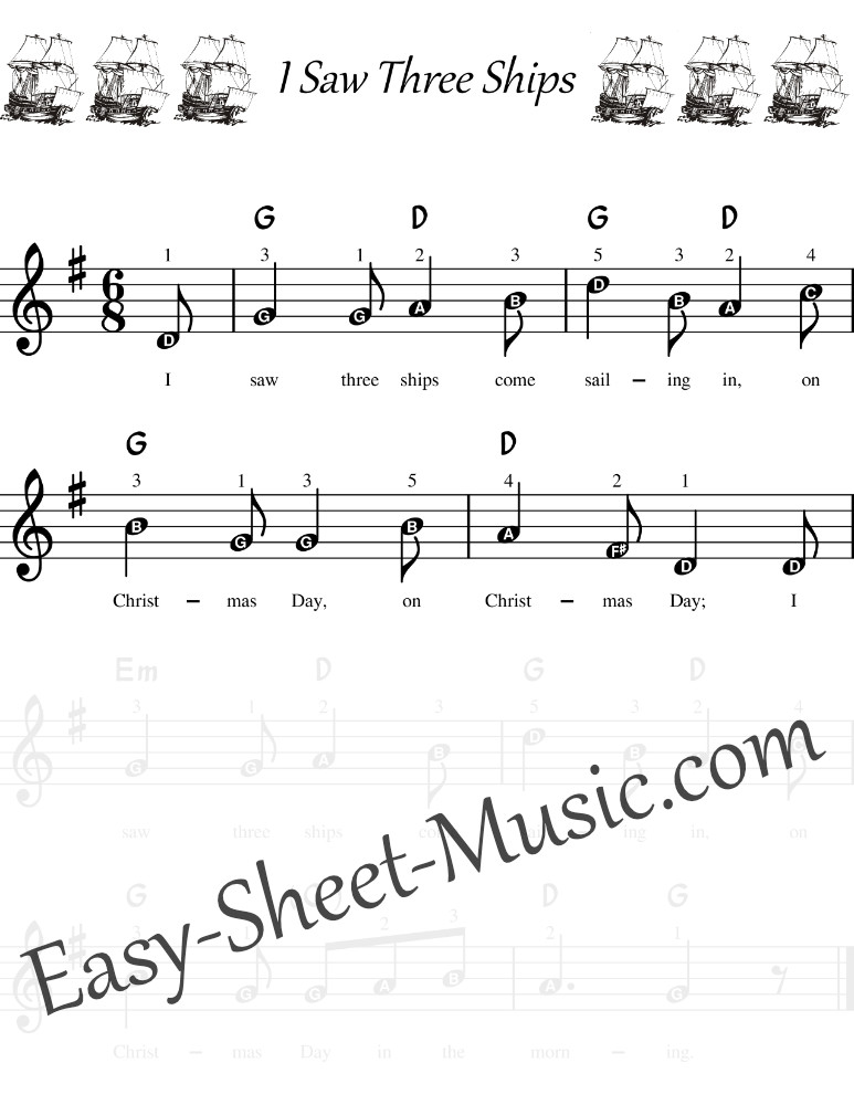 I Saw Three Ships - Easy Keyboard Sheet Music with Letters for Beginners
